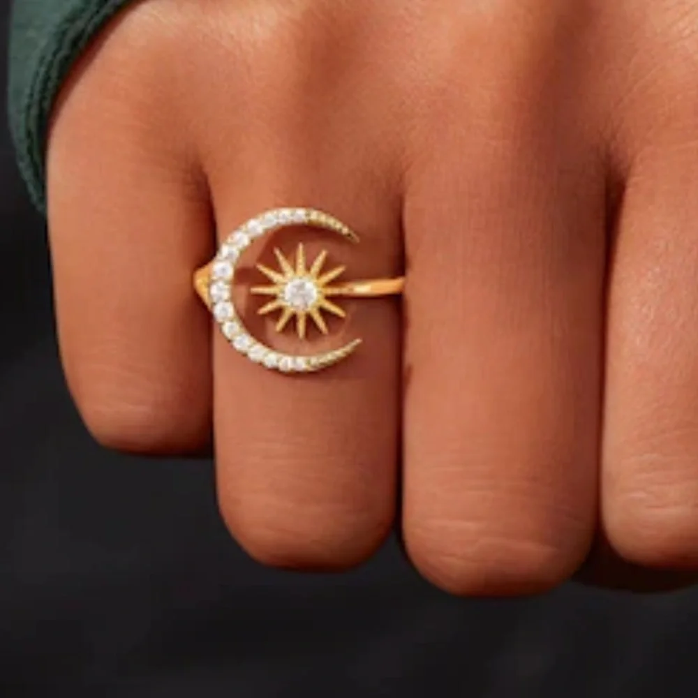 Crescent and Star Ring in gold plated Sterling Silver Adjustable Star Moon Ring